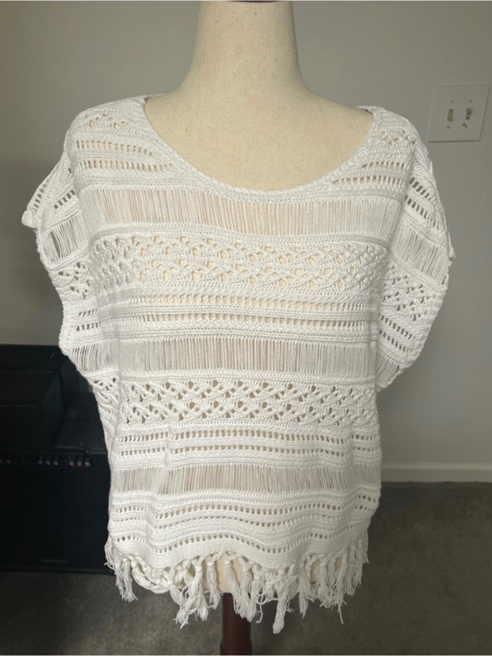 ANA White Cotton Crochet Fringe Knit Top Large